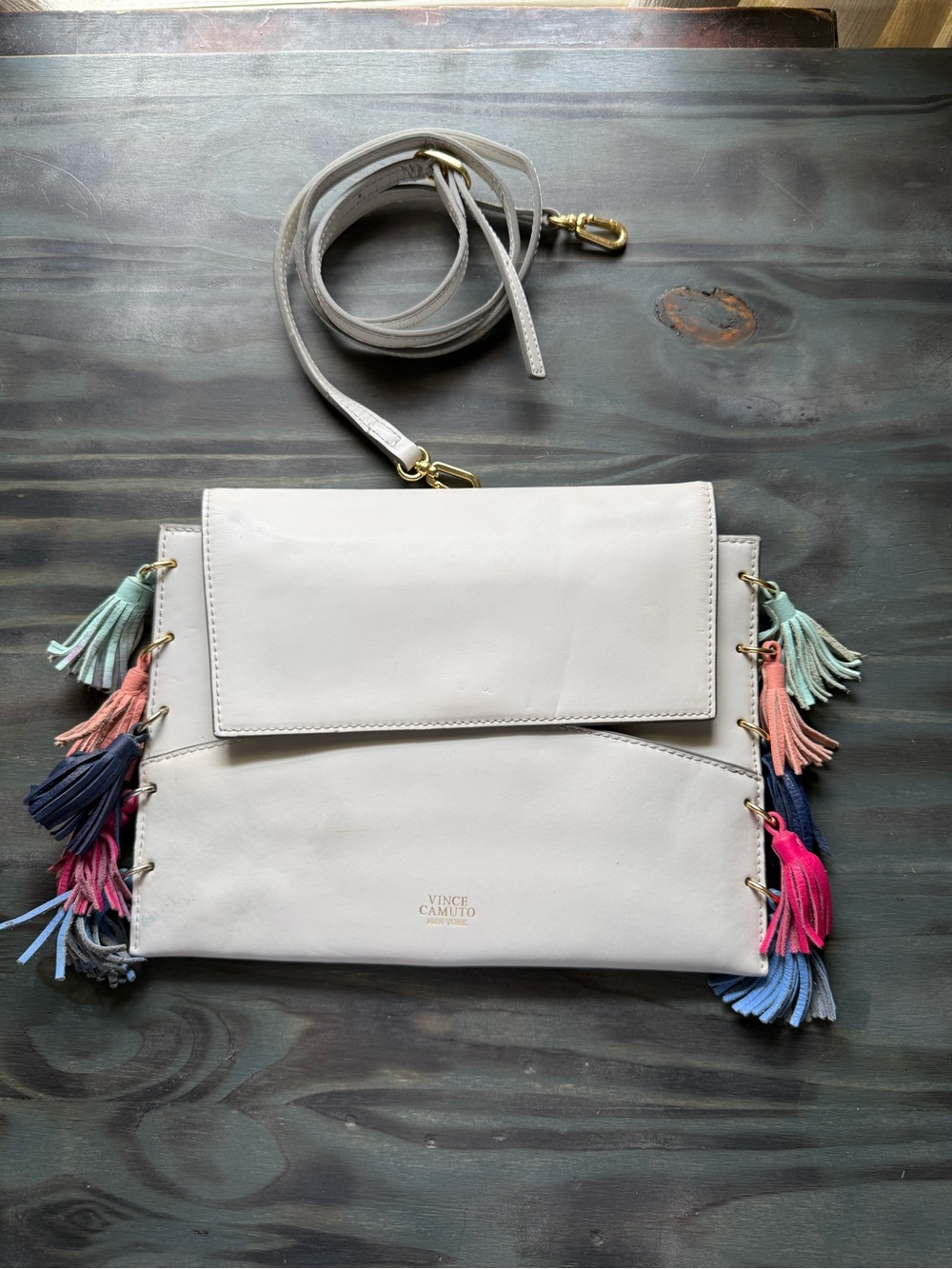 Vince Camuto Cream Leather Crossbody with Multicolor Tassels